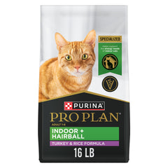 Purina Pro Plan emballage avant 16 lb montrant la formule dinde et riz bénéfice contrôle boules de poils