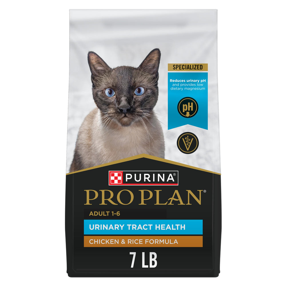 Purina Pro Plan emballage avant 7 lb montrant poulet et bénéfice santé urinaire