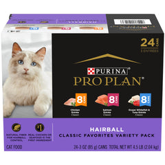 Purina Pro Plan face avant emballage montrant assortiment de recettes et bénéfice anti-boules