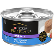 Purina Pro Plan face de la boîte montrant l’étiquette et l’avantage contrôle des boules de poils