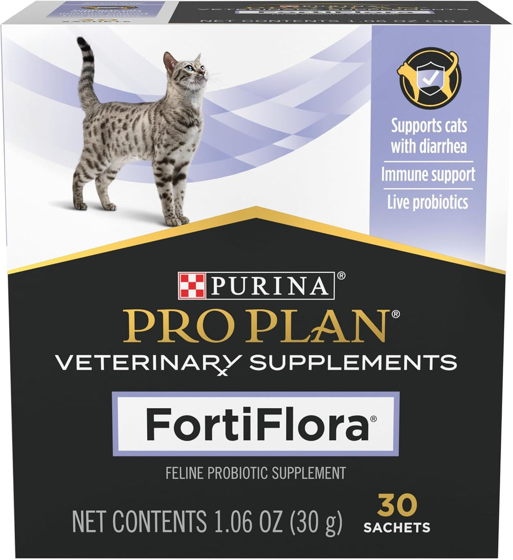 Purina Pro Plan FortiFlora emballage avant montrant la boîte et une utilisation simple