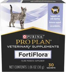 Purina Pro Plan FortiFlora emballage avant montrant la boîte et une utilisation simple