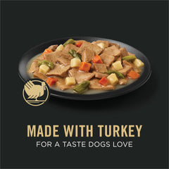 Purina Pro Plan gros plan des tranches de dinde et légumes appétissantes