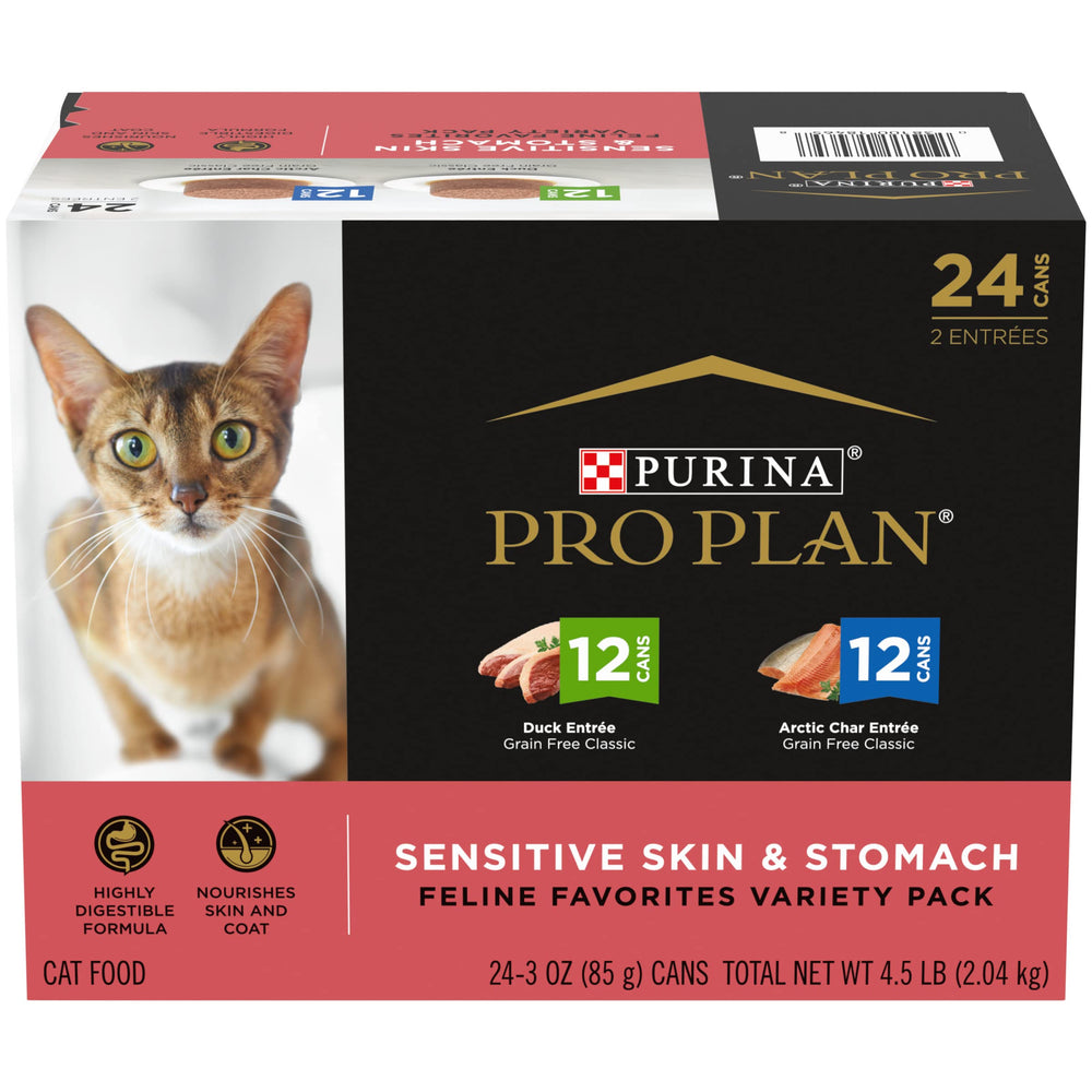 Purina Pro Plan pack 24 boîtes face avant montrant variété et praticité
