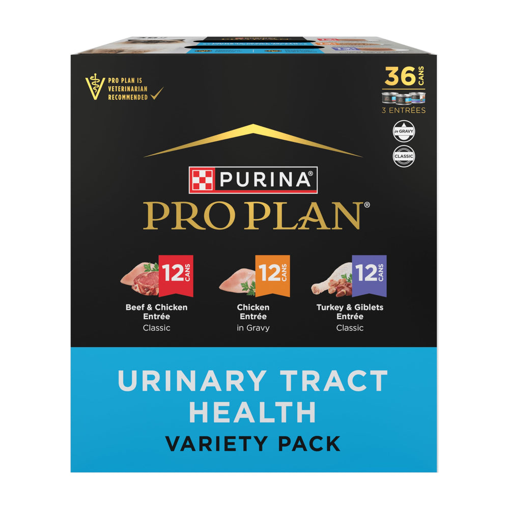 Purina Pro Plan emballage avant montrant variétés et bénéfice santé urinaire