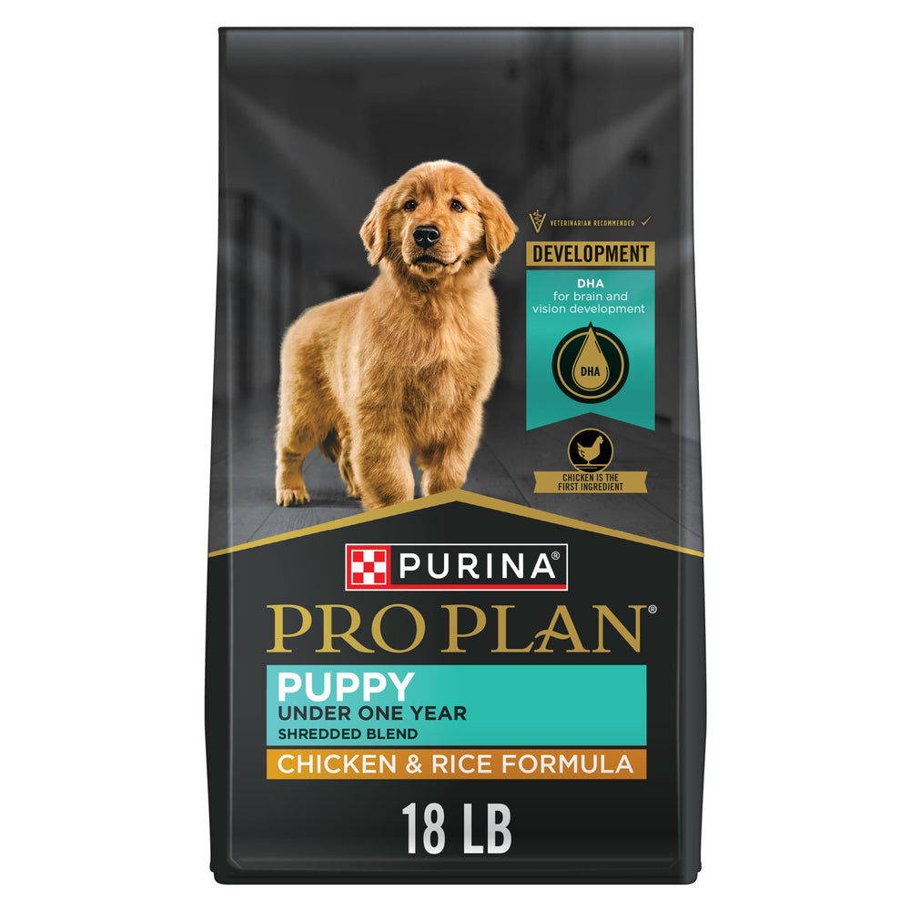 Purina Pro Plan sac 18 lb poulet et riz montrant l'emballage et bénéfice nutritionnel