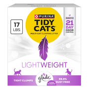 Purina Tidy Cats emballage 17 lb montrant visuel et bénéfice praticité