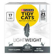 Purina Tidy Cats emballage avant montrant format 17 lb et bénéfice transport facilité