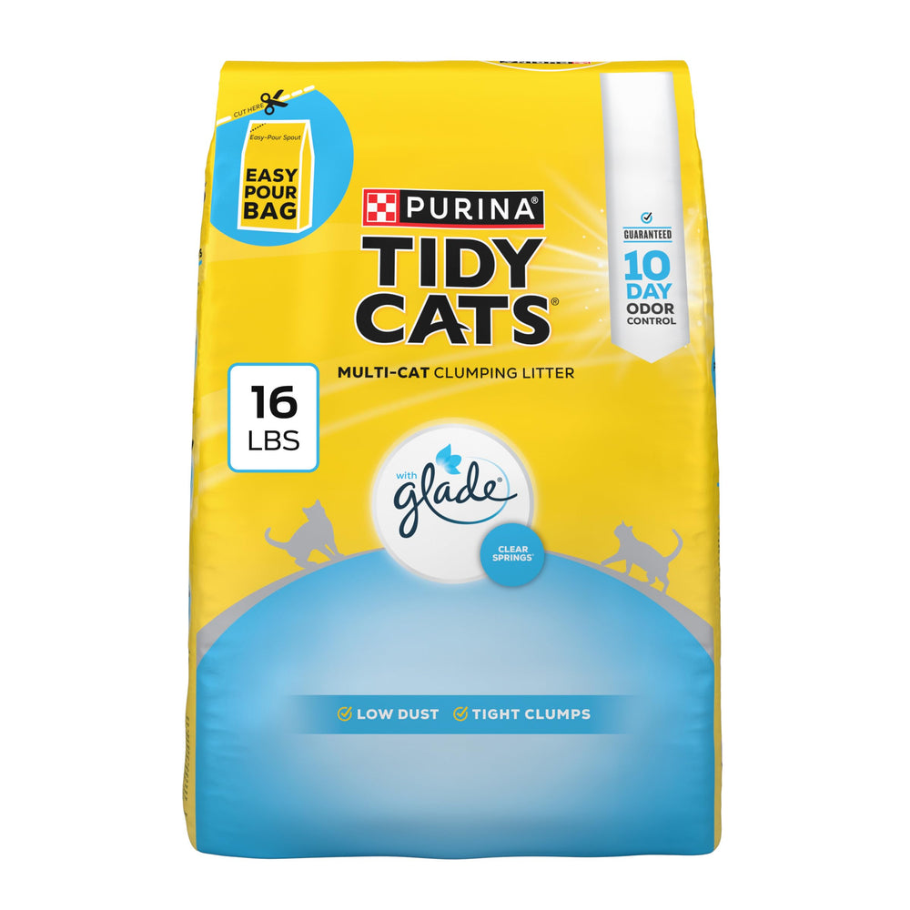 Purina Tidy Cats emballage avant montrant un contrôle d'odeurs fiable