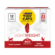 Purina Tidy Cats emballage avant montrant format 12 lbs et bénéfice transport facilité
