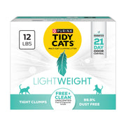 Purina Tidy Cats emballage face montrant litière légère et bénéfice transport facilité