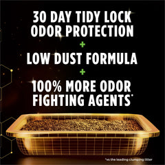 Purina Tidy Cats gros plan des granules montrant texture absorbante et performance