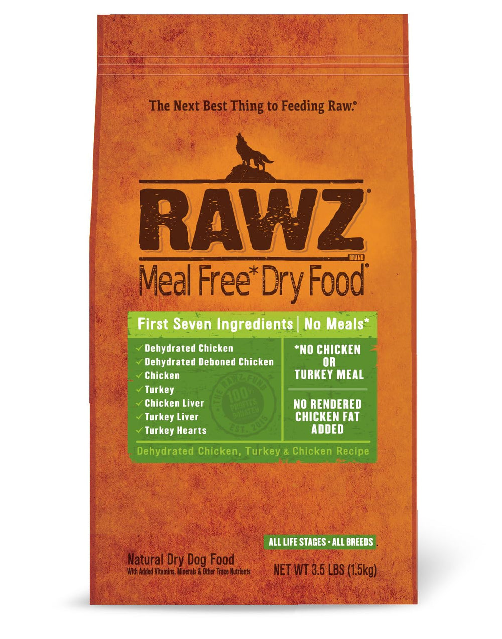 Rawz emballage avant montrant poulet et dinde, clarté d’ingrédients