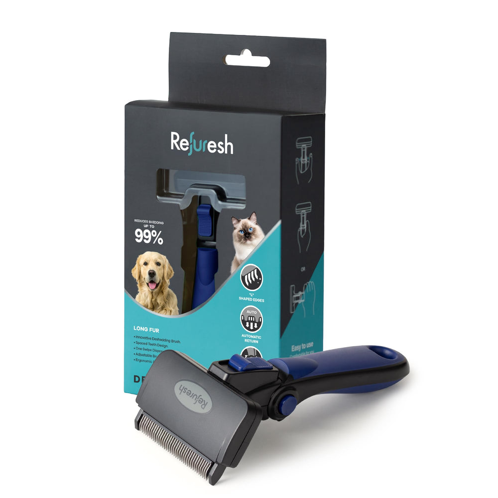 Refuresh brosse face avant montrant la brosse et bénéfice réduction des poils