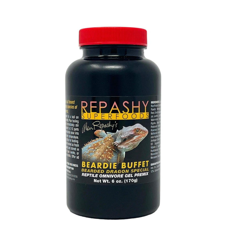 Repashy Beardie Buffet pot 6 oz montrant l'étiquette et facilité de dosage pour nutrition pratique
