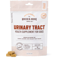 Rocco & Roxie emballage avant montrant 60 chews et bénéfice praticité