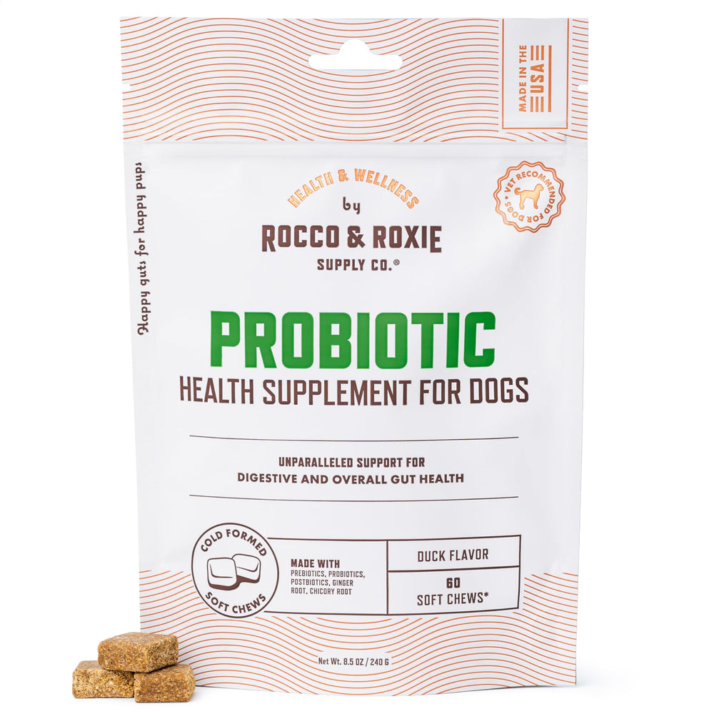 Rocco & Roxie emballage avant montrant 60 friandises et bénéfice appétence