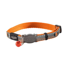 Rogz collier Orange Bird face avant montrant clochette et boucle sécurité, visibilité accrue