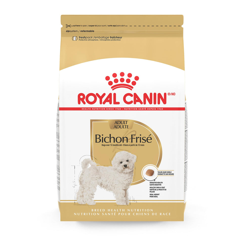 ROYAL CANIN sac avant montrant l’emballage et les bénéfices pour le Bichon Frise