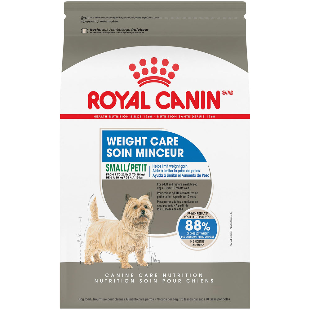 ROYAL CANIN emballage face Small Weight Care montrant produit bénéfice gestion du poids