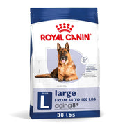 ROYAL CANIN face du sac 30 lb montrant la formule Large Aging 8+ et bénéfice nutritionnel