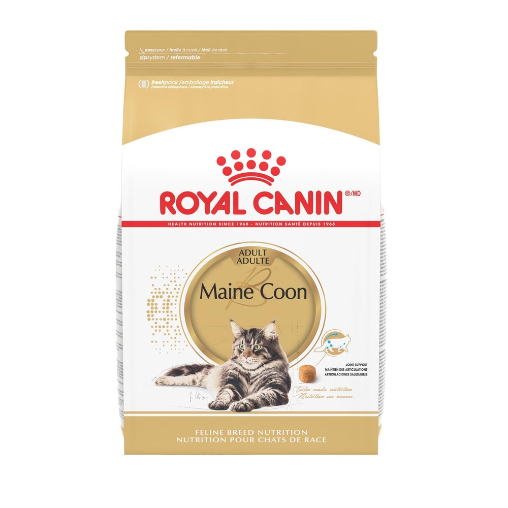 Royal Canin sachet devant d’un sac 6 lb mettant en avant la formule Maine Coon et la praticité