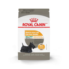ROYAL CANIN emballage avant montrant formule Small Sensitive Skin Care et bénéfice peau nourrie