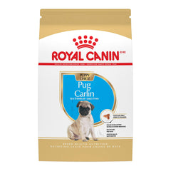 ROYAL CANIN visuel frontal du paquet montrant la formule Pug Puppy et ses bénéfices