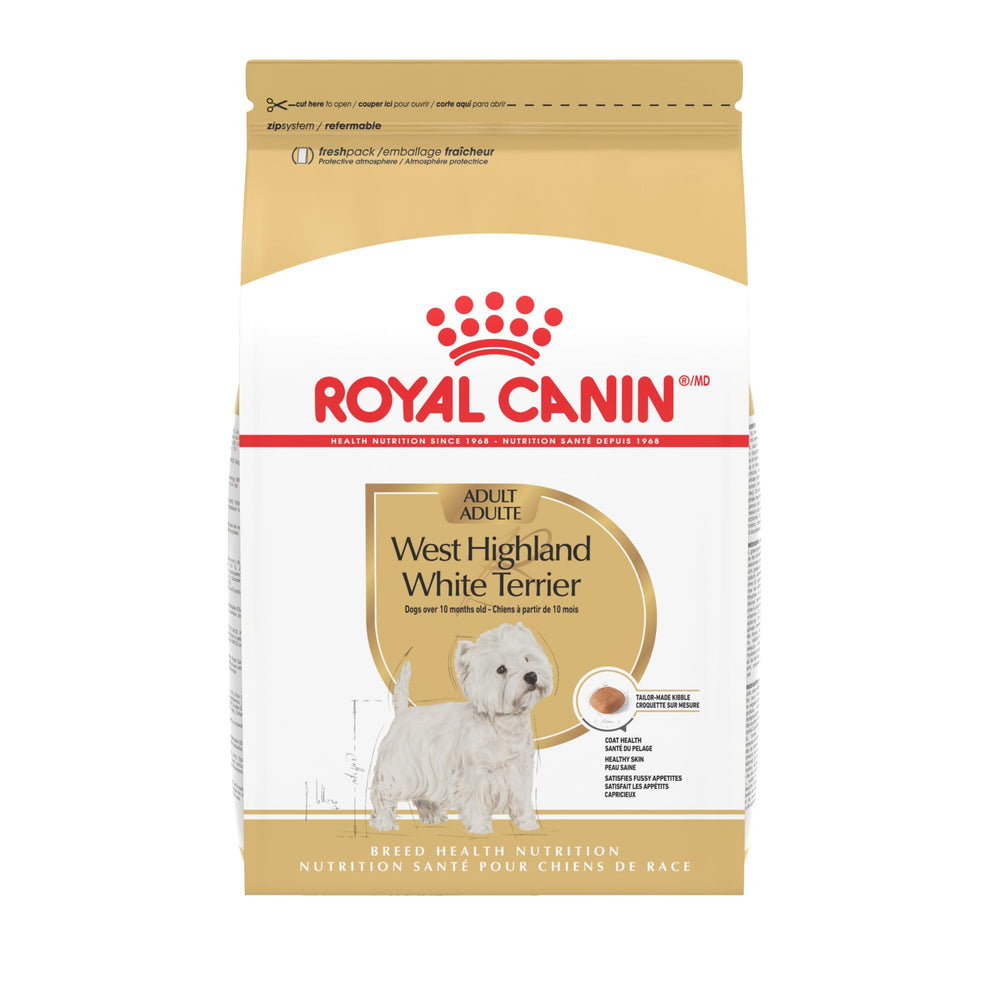 ROYAL CANIN avant du paquet montrant l'emballage spécifique West Highland White Terrier, bénéfice clarté