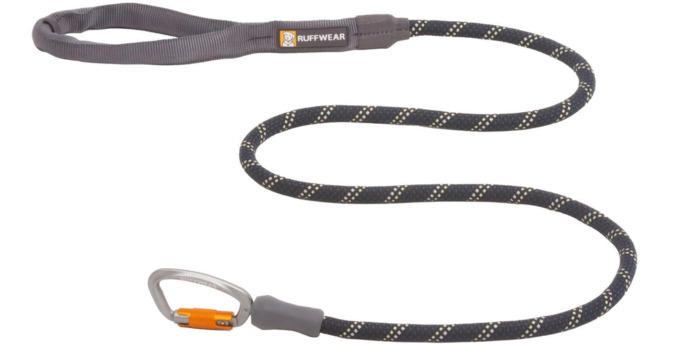 Ruffwear packaging avant montrant la laisse robuste et ses caractéristiques