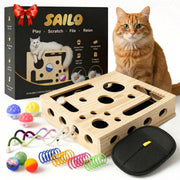 SAILO boîte griffoir vue de face montrant jouets et zone de lime, encourage le jeu