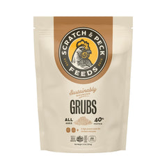 Scratch and Peck Feeds sachet avant montrant le produit et l’emballage, pratique pour stockage
