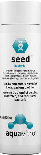 Seachem Aquavitro Seed flacon 150 ml montrant l'étiquette et bénéfice démarrage rapide