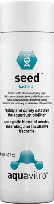 Seachem Aquavitro Seed flacon 150 ml montrant l'étiquette et bénéfice démarrage rapide