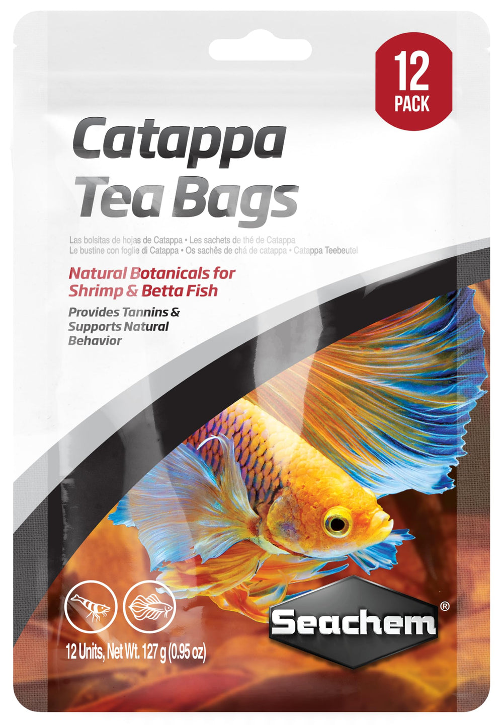 Seachem Catappa sachet emballage avant montrant la quantité et bénéfice préparation facile