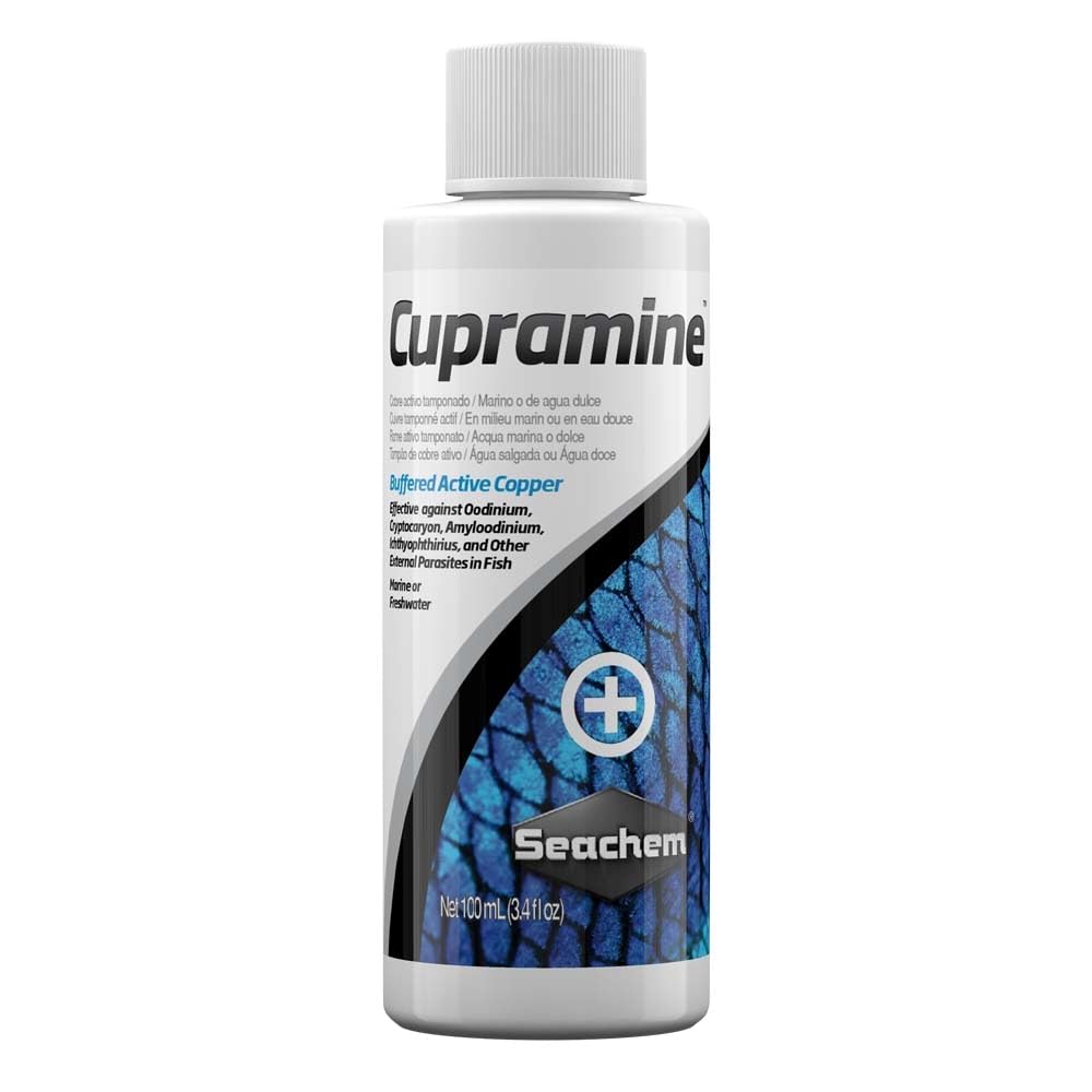 Seachem Cupramine flacon 100 mL montrant l'étiquette et le format pratique pour dosage sûr