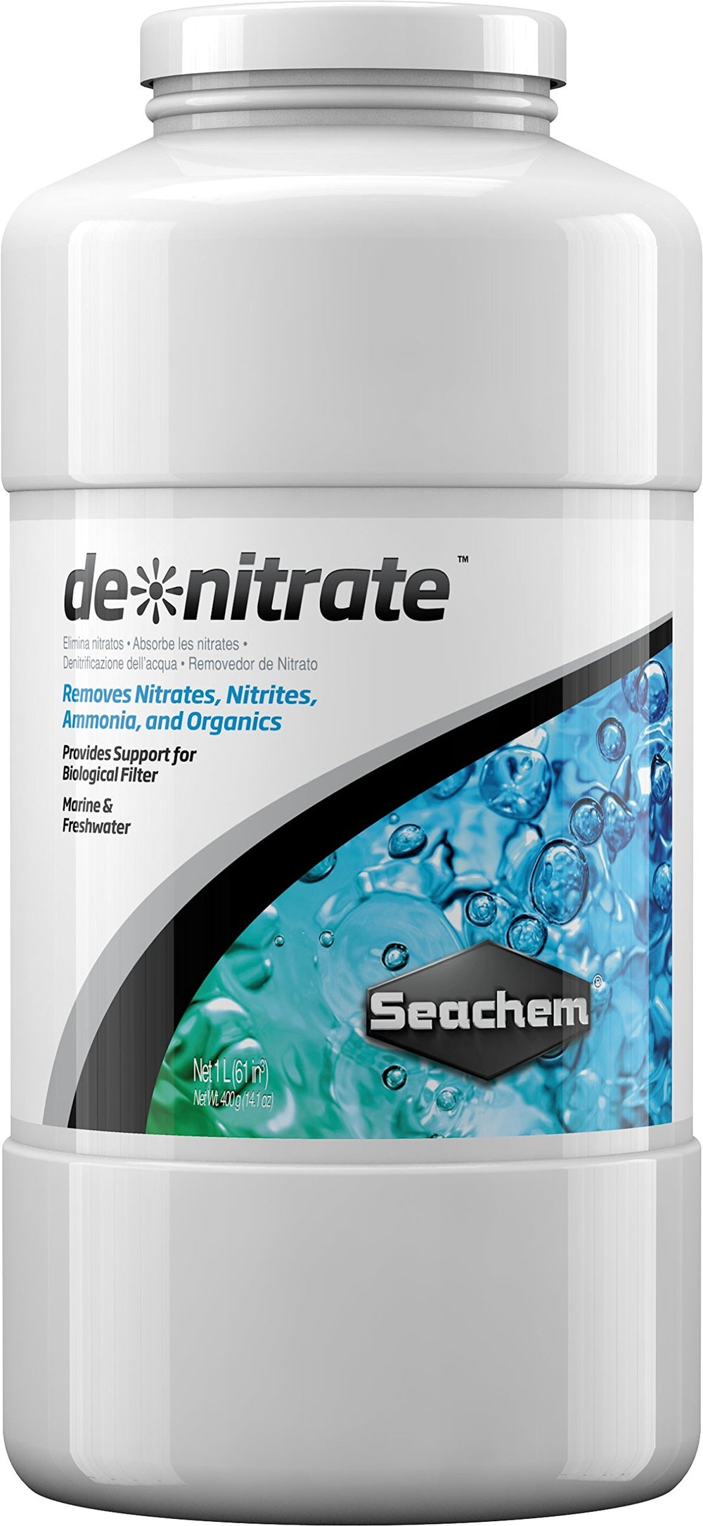 Seachem de*Nitrate emballage avant montrant le produit et ses avantages pour la filtration