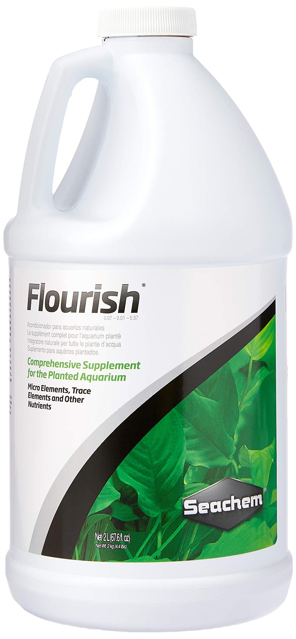 Seachem Flourish bouteille face montrant l'étiquette et dosage bénéfique