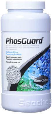 Seachem PhosGuard flacon 500 mL montrant l'étiquette informative et le conditionnement, efficacité visible