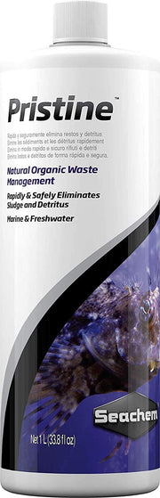 Seachem Pristine flacon 1L montrant le produit et la contenance pour traitement efficace