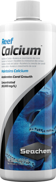 Seachem Reef Calcium flacon face montrant une étiquette claire et dosage précis