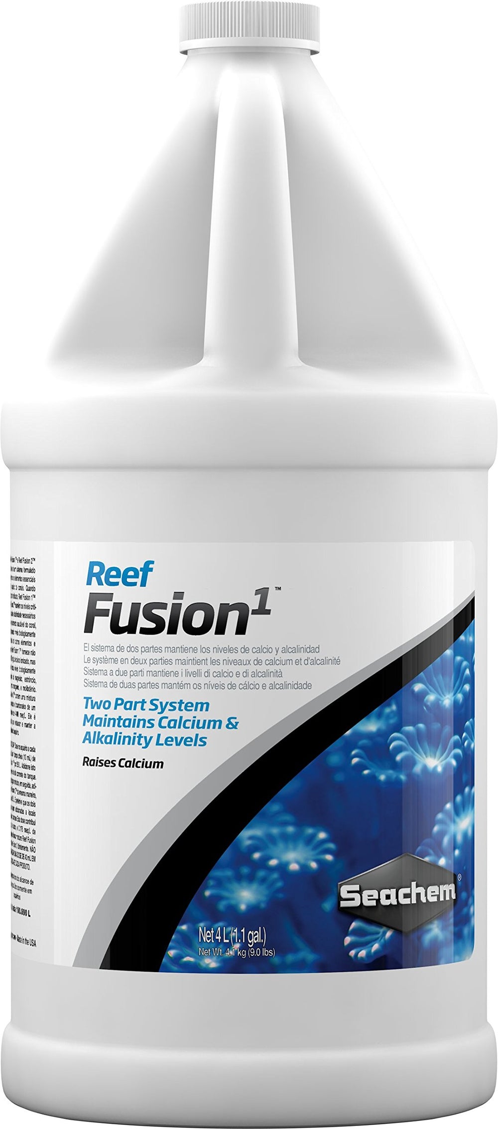 Seachem Reef Fusion 1 flacon face présentant la bouteille et le dosage utile