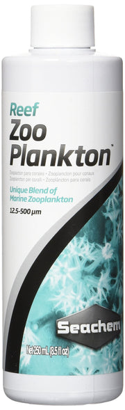 Seachem Reef Zooplankton 250 mL flacon face montrant l'étiquette et l'emballage, utile pour identification rapide