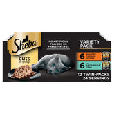 Sheba emballage avant poulet et thon montrant portion pratique