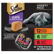 Sheba face de la boîte montrant le multipack et la marque Sheba, facile à stocker