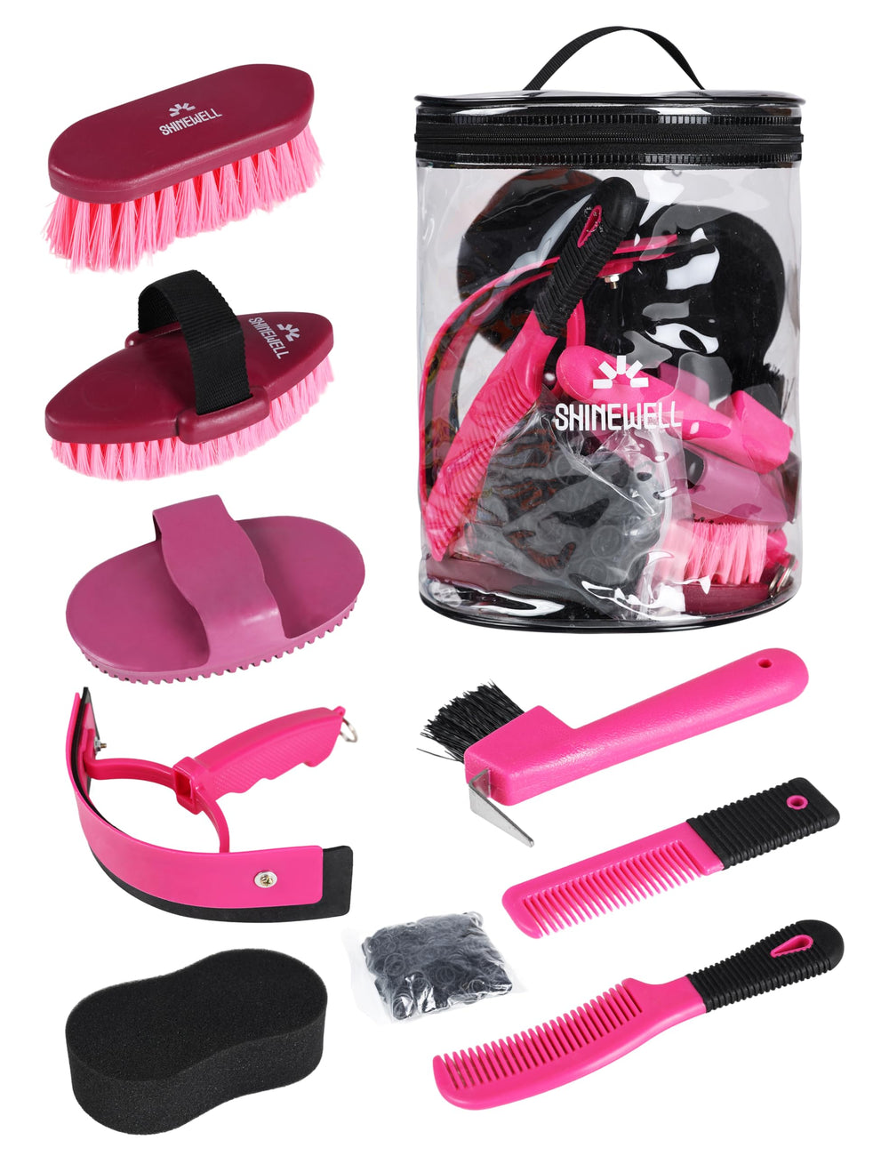 ShineWell trousse de pansage montrant l'ensemble des 8 pièces et l'organisation pratique