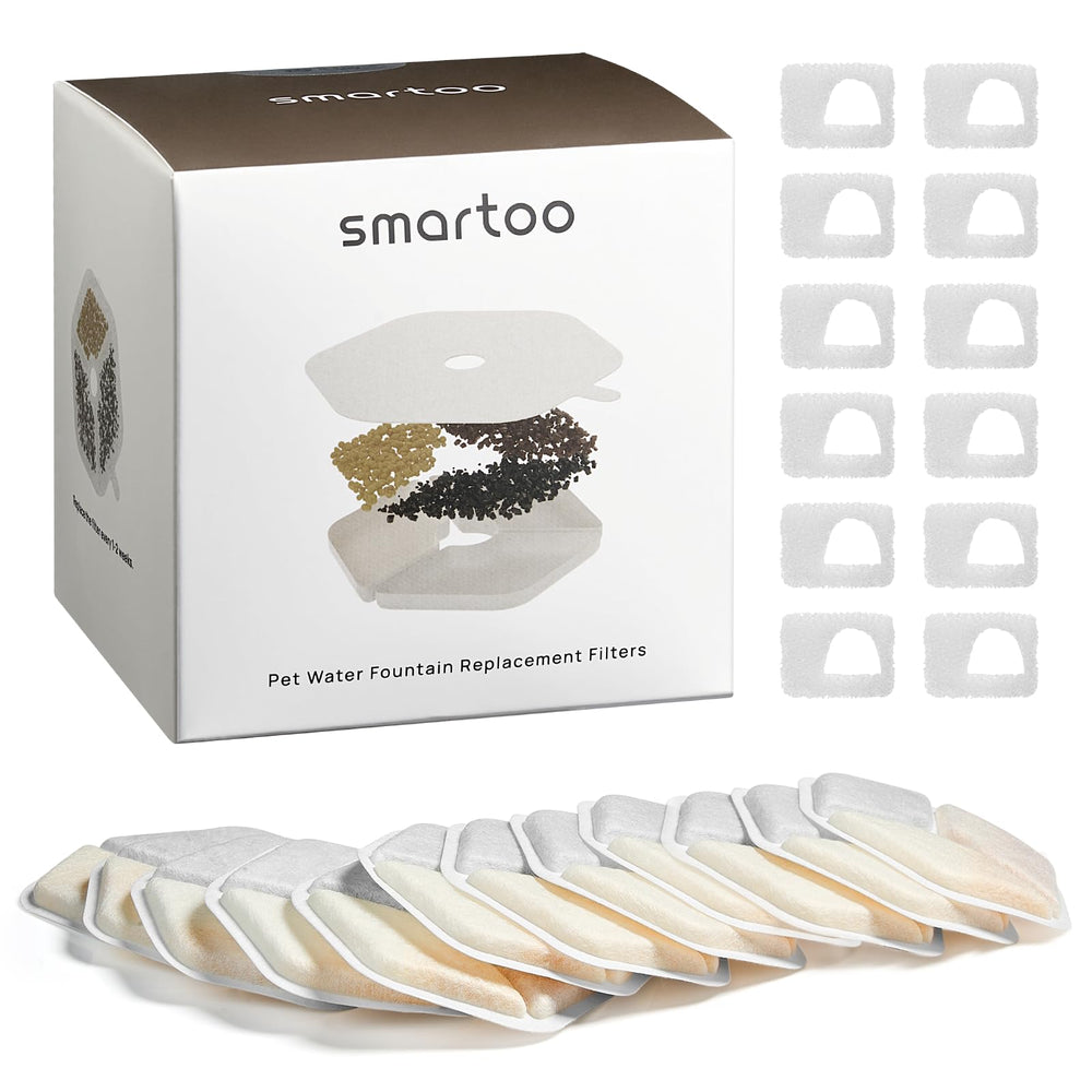 smartoo emballage avant montrant 12 filtres et 12 éponges, facile à stocker