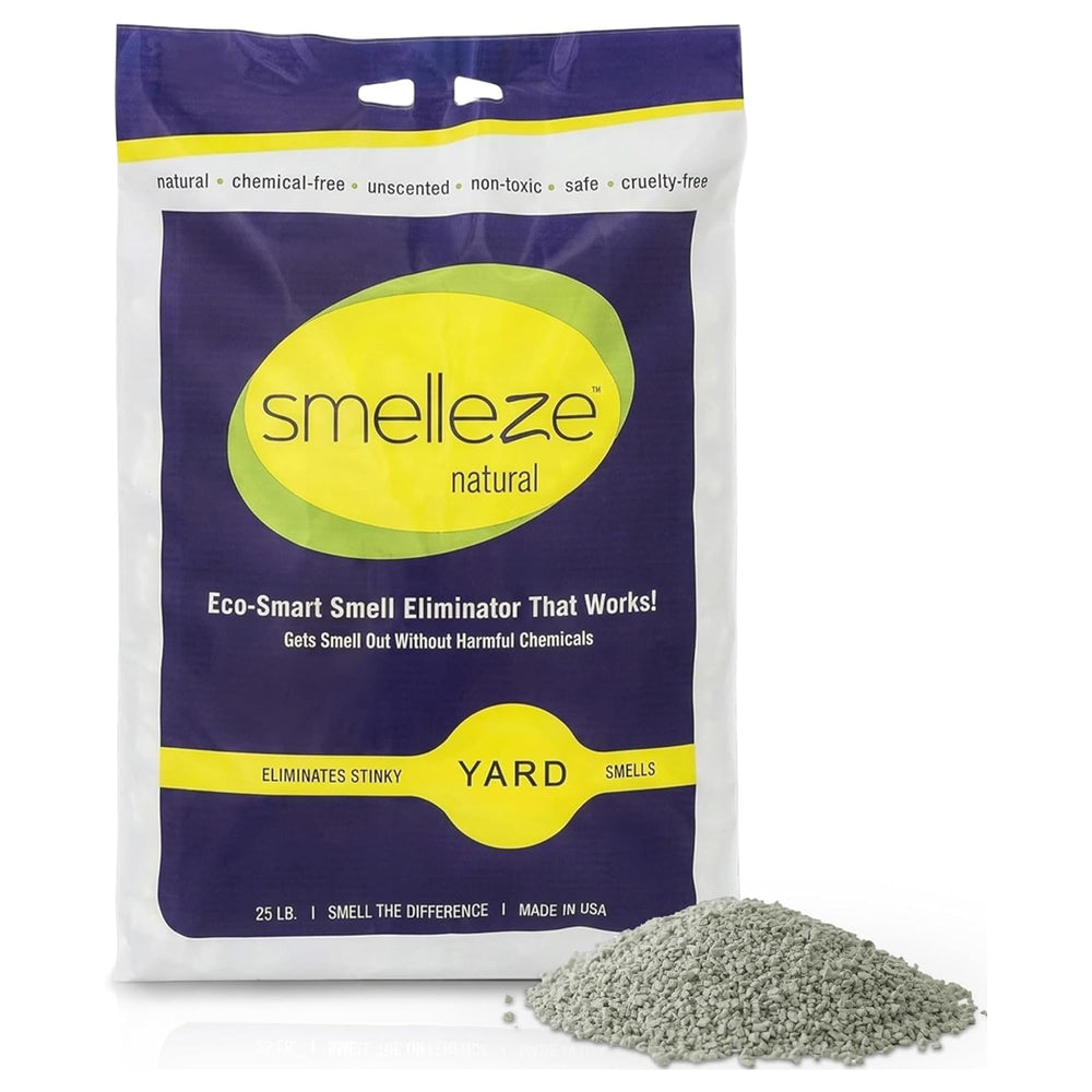 SMELLEZE paquet 25 lb montrant l'emballage et la marque pour économies d'odeur