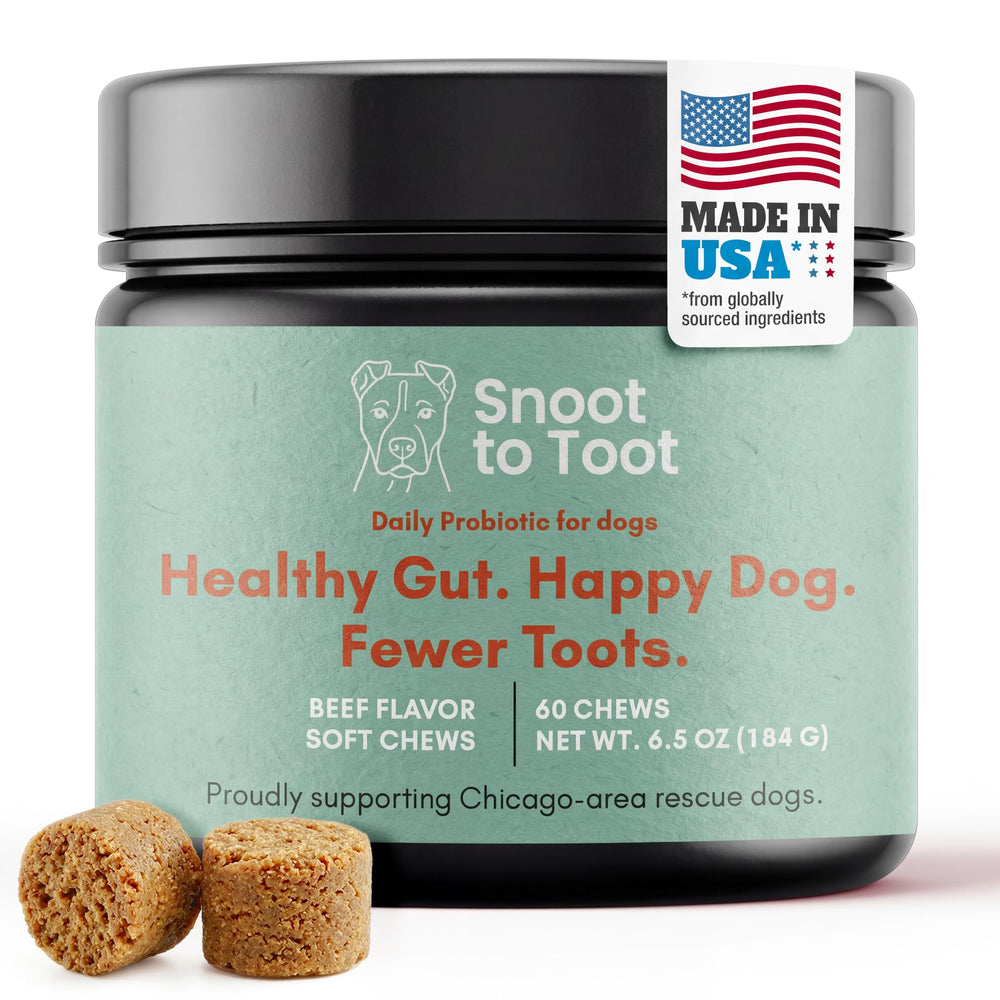 Snoot to Toot emballage face montrant 60 chews, pratique pour le rangement