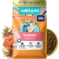Solid Gold emballage avant montrant recette saumon et bénéfice contrôle boules de poils
